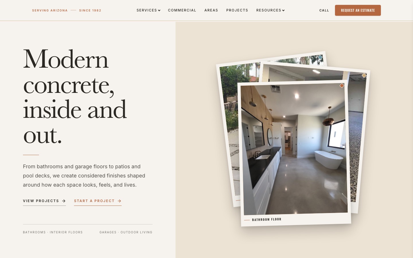 Explore Carefree Stone: a concrete coatings website with a clear estimate request