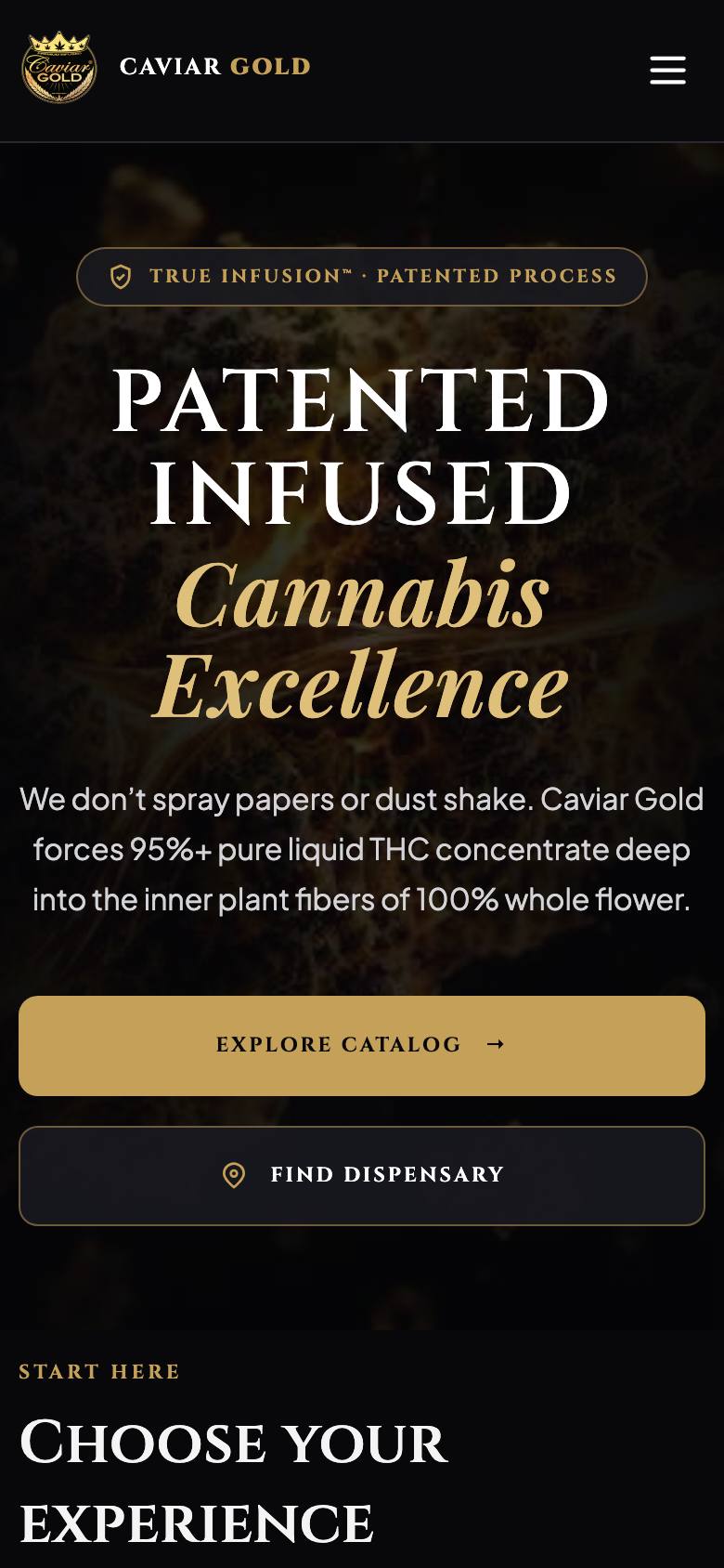 Caviar Gold phone homepage with catalog and dispensary buttons