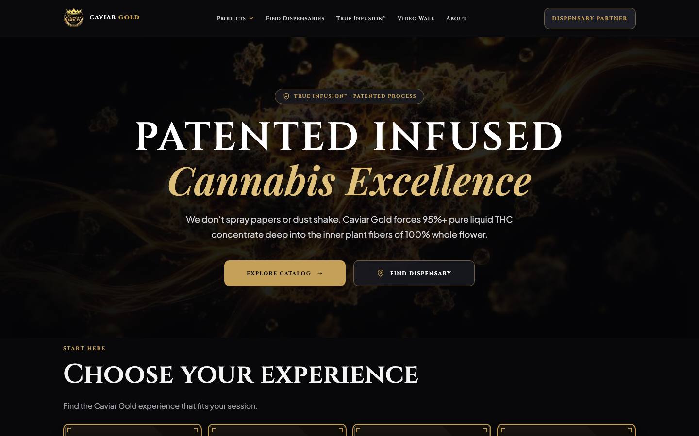 Caviar Gold homepage: patented infusion hero, catalog, and dispensary path