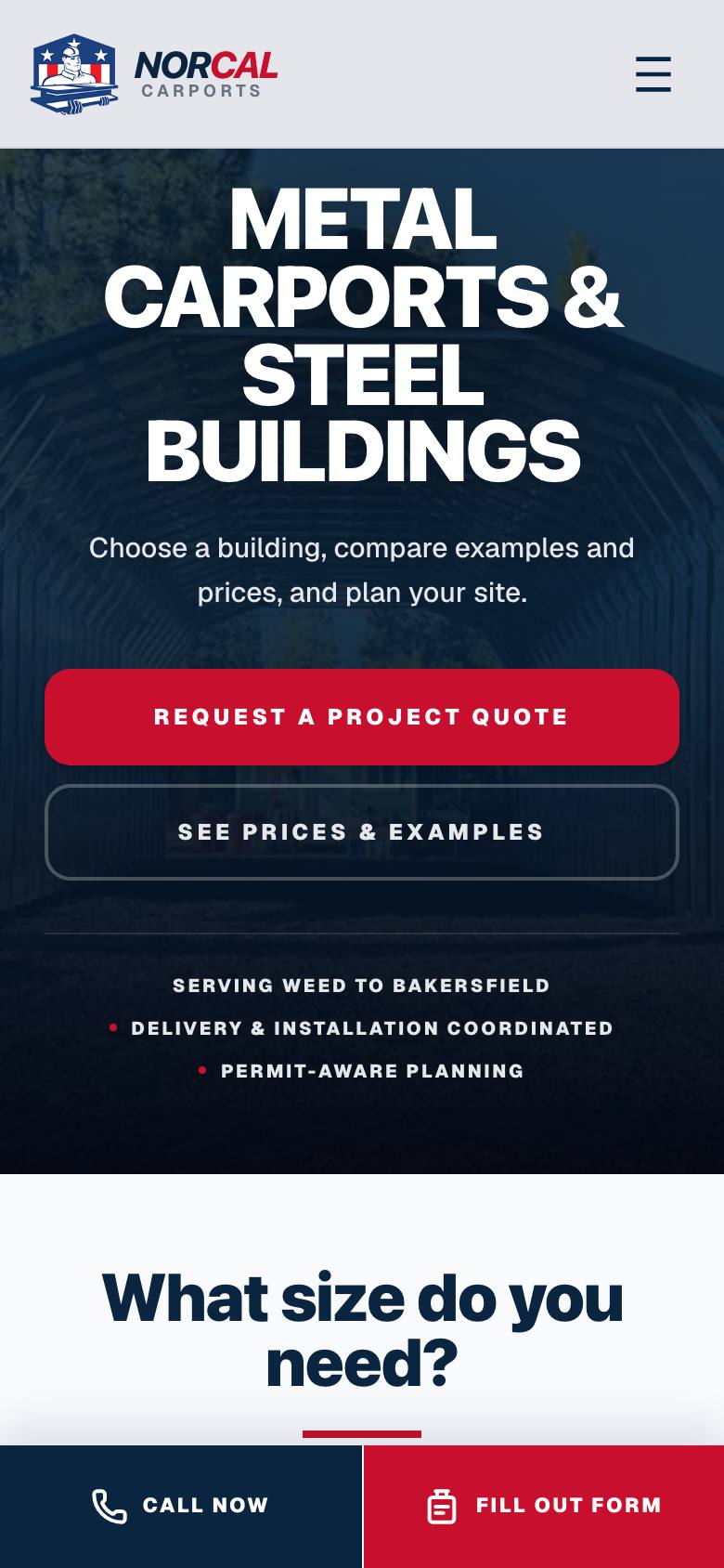 NorCal Carports phone homepage with a sticky call and quote bar