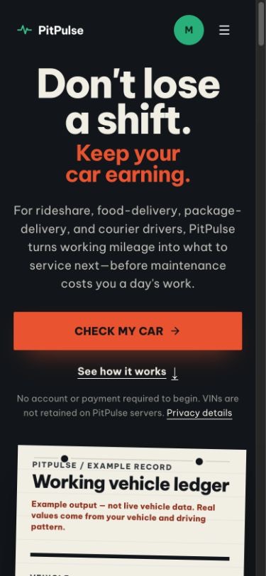 PitPulse phone homepage with a check-my-car path