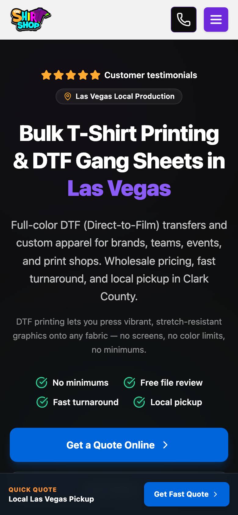 The Shirt Store LV phone homepage with a get-a-quote button and sticky quote bar